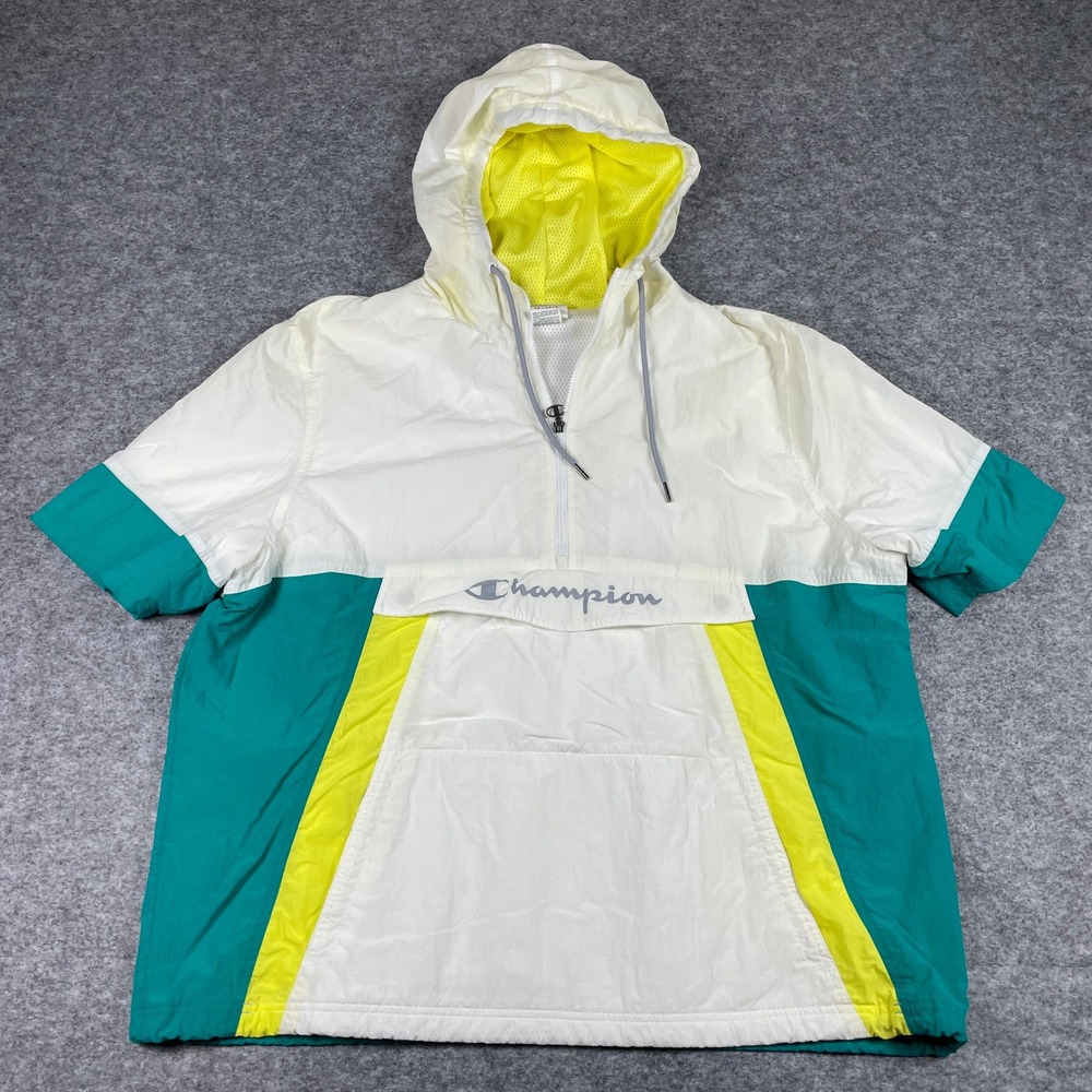 Champion Windbreaker Mens 2XL White Teal Colorblock Anorak Jacket 90s Style Y2K